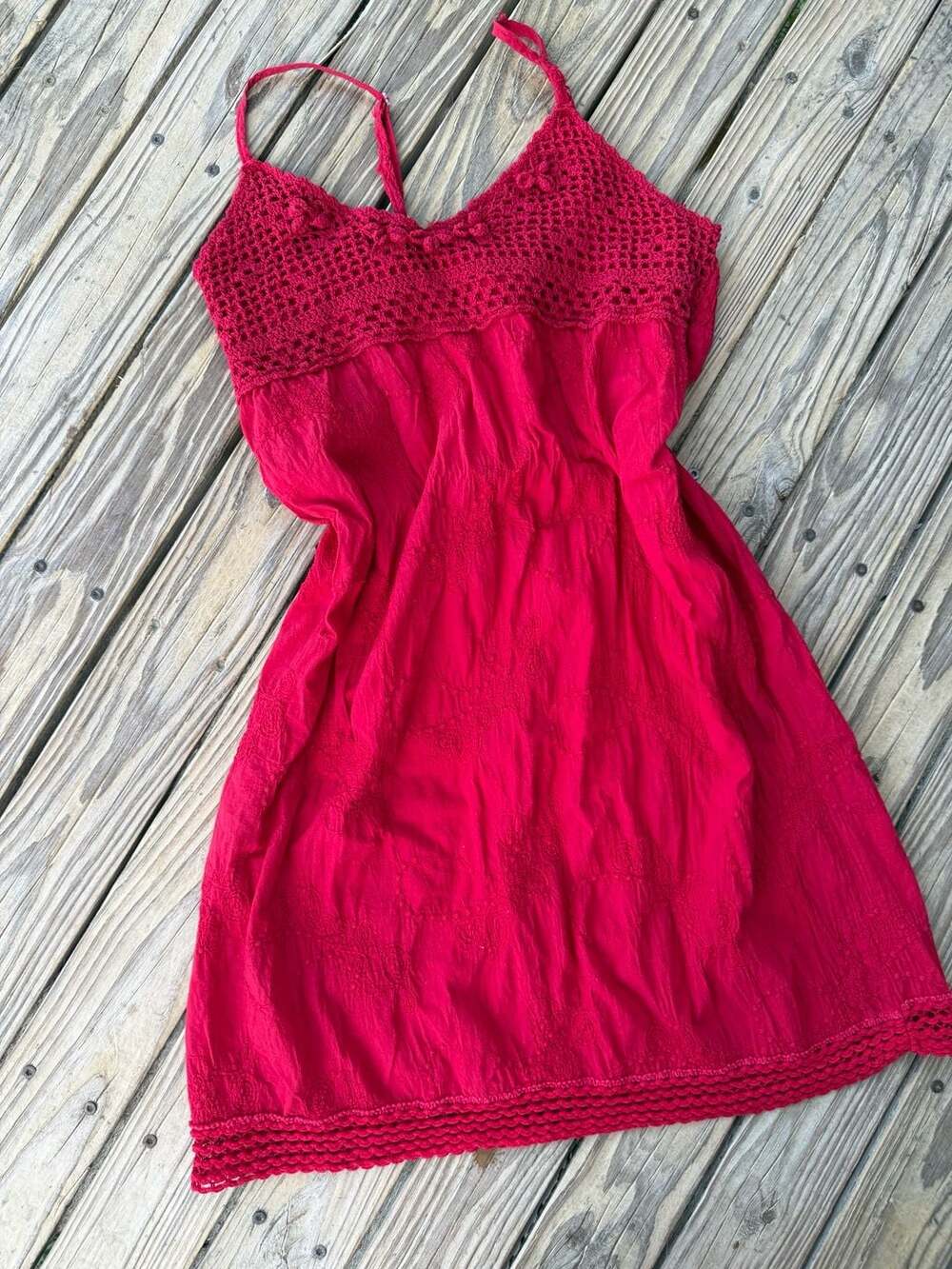 Angie Women's Red Spaghetti Strap Crochet Detail Cotton Mini Dress